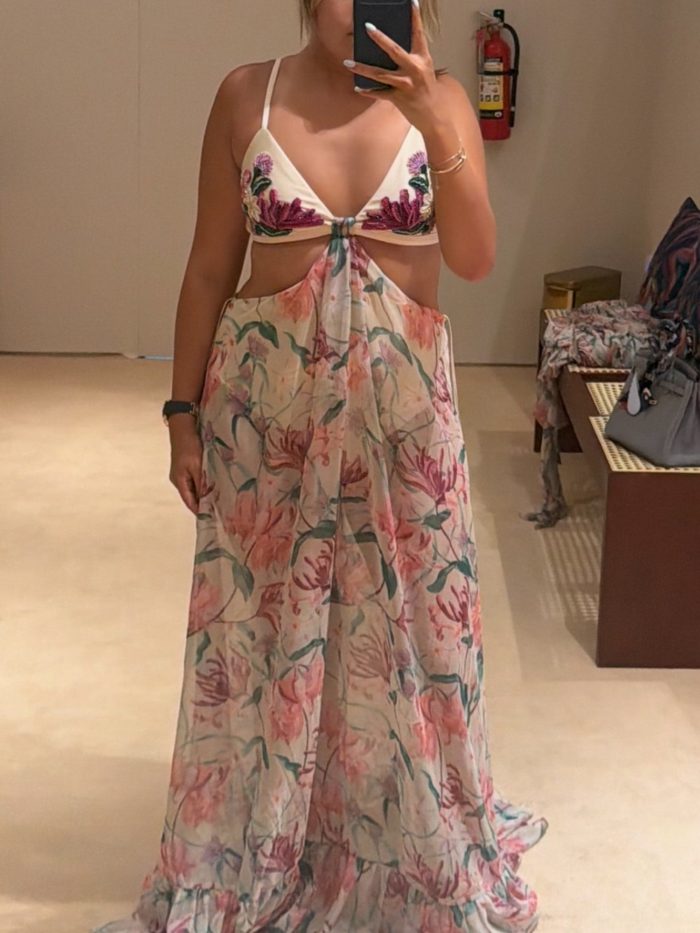 PatBO Cream Maxi Dress with Pink Floral & Green Accents